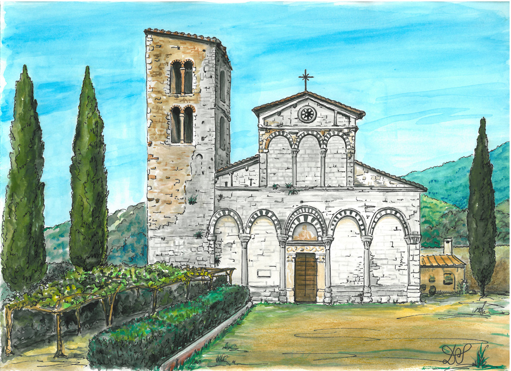 Pieve romanica di San Giovanni Battista a Santa Maria del Giudice Lucca - silvia diana - China e acquerello - 200 €