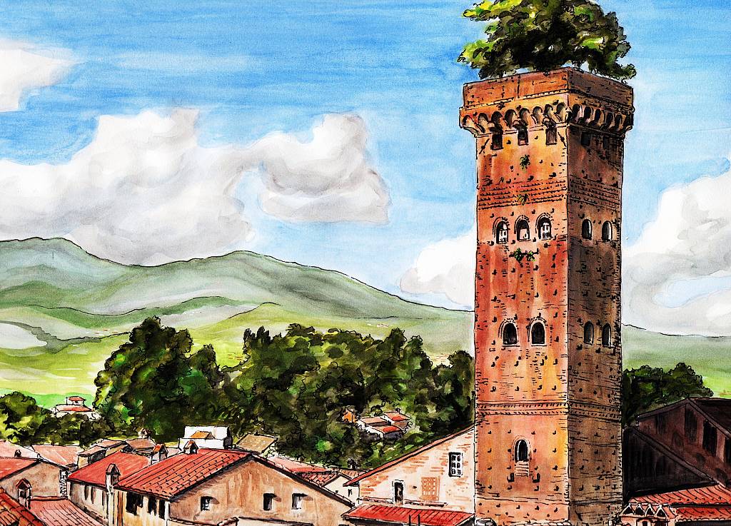 Torre Guinigi a Lucca - silvia diana - china e acquerello - 200 €