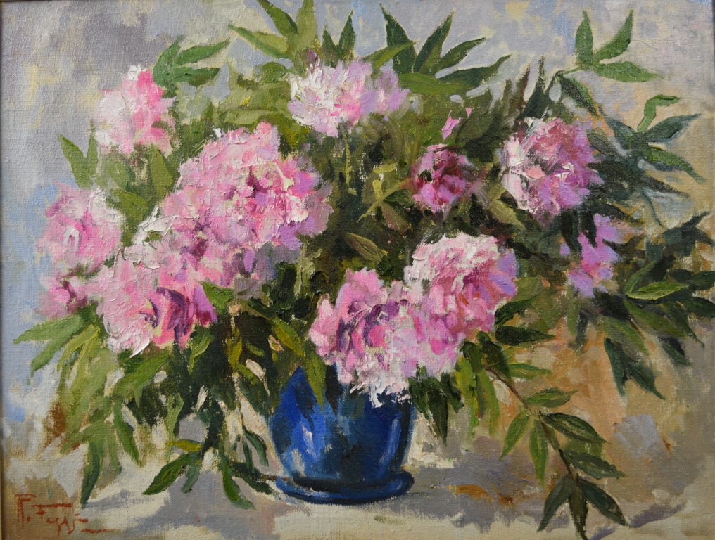 PINK AND BLUE ( Peonies) - remo faggi - Oil