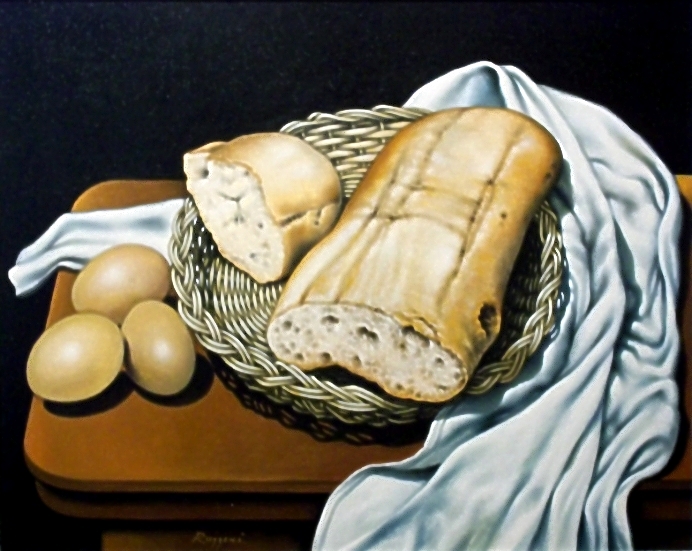 Cestino con pane, uova e drappo bianco - Salvatore Ruggeri - Olio