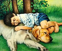 Riposo sull'erba (bambino con cane) - Salvatore Ruggeri - Olio