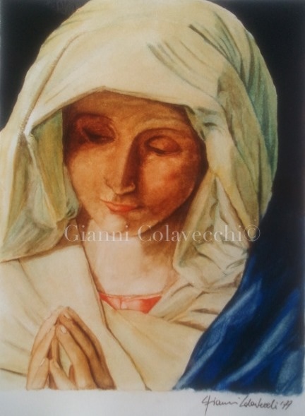 Madonna, riproduzione del dipinto di Giovanni Battista Salvi - Gianni Colavecchi - Tecnica mista con acquarello e matite colorate  - 250 €