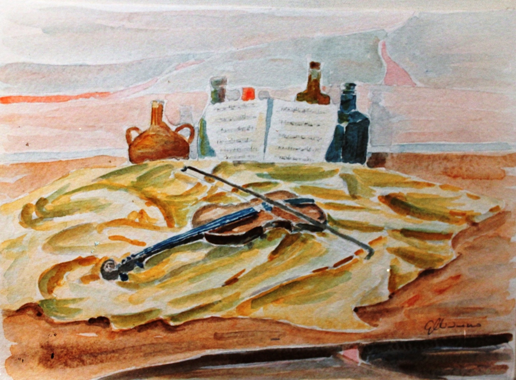 acquerello, natura morta, bottiglie e violino - Gianni Chiminazzo - Acquerello