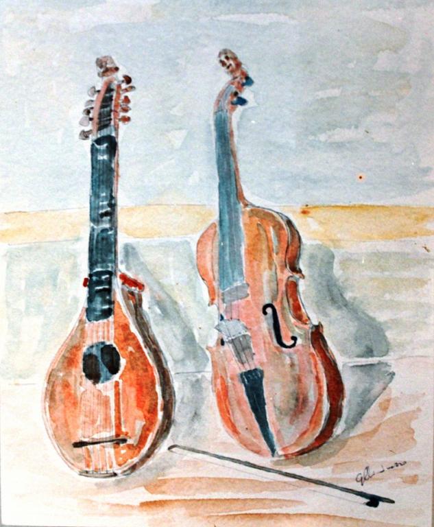 acquerello, strumenti musicali, la cetra e viola - Gianni Chiminazzo - Acquerello