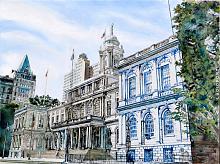 NY City Hall - Lucio Forte - Olio, acquerello e china su tela - Venduto!