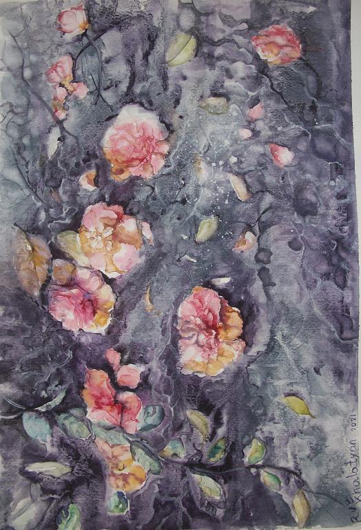 Camellias on asphalt - Ruzanna Scaglione Khalatyan - Watercolor
