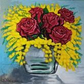 Vase with mimosas and roses - Pietro Dell'Aversana - Acrylic - 175€